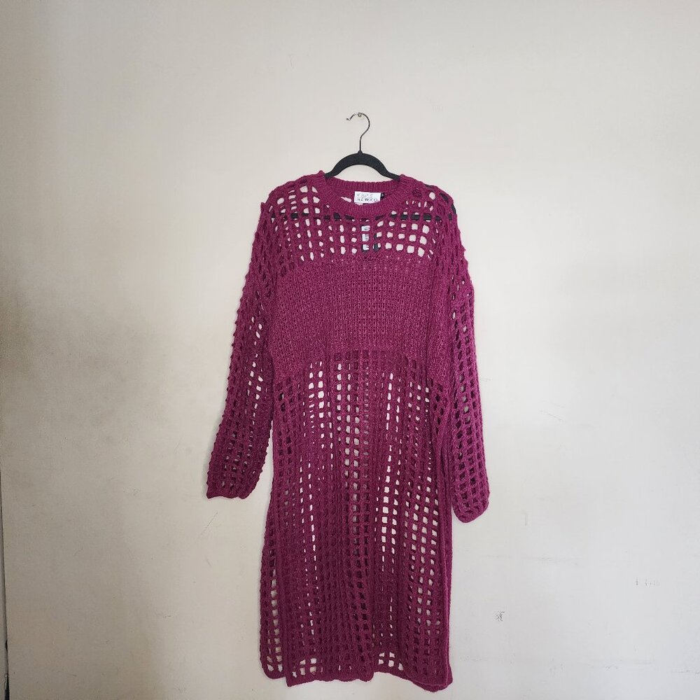 Open-Knit Long Sleeve Tunic Dress - Berry
